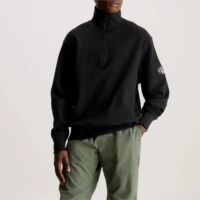 Calvin Klein Bluză Badge Waffle Half Zip Black